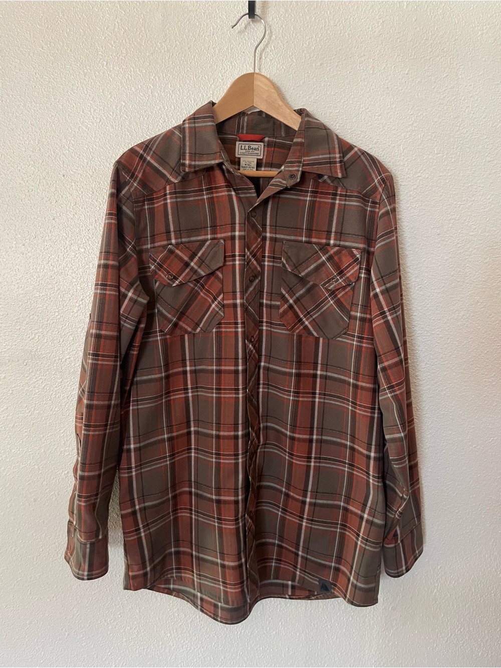 LL Bean Snap Button Up Long Sleeve Flannel Shirt Mens Medium Tall Orange Plaid